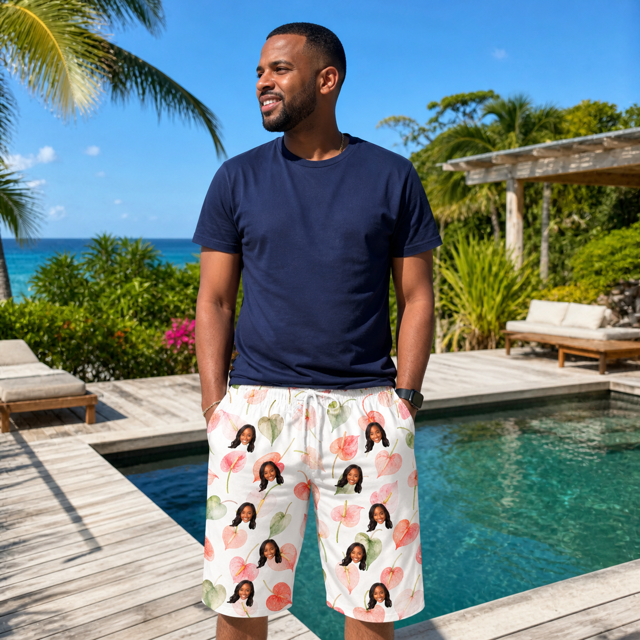 Real-life photo of someone wearing Men's Anthurium Antics Custom Face Beach Shorts — custom faces printed all-over