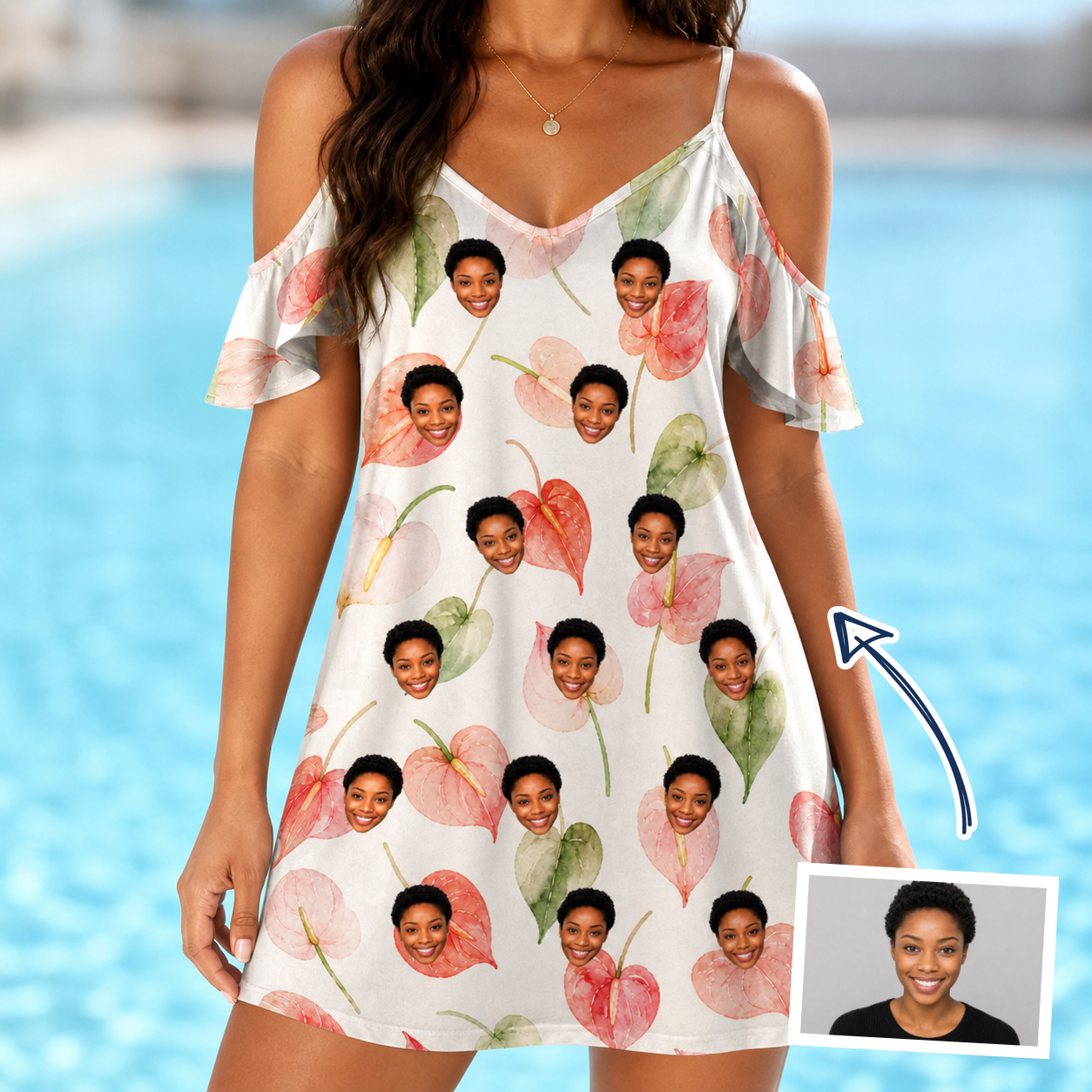 Woman wearing Women's Anthurium Antics Custom Face Off-Shoulder Dress — custom faces printed all-over