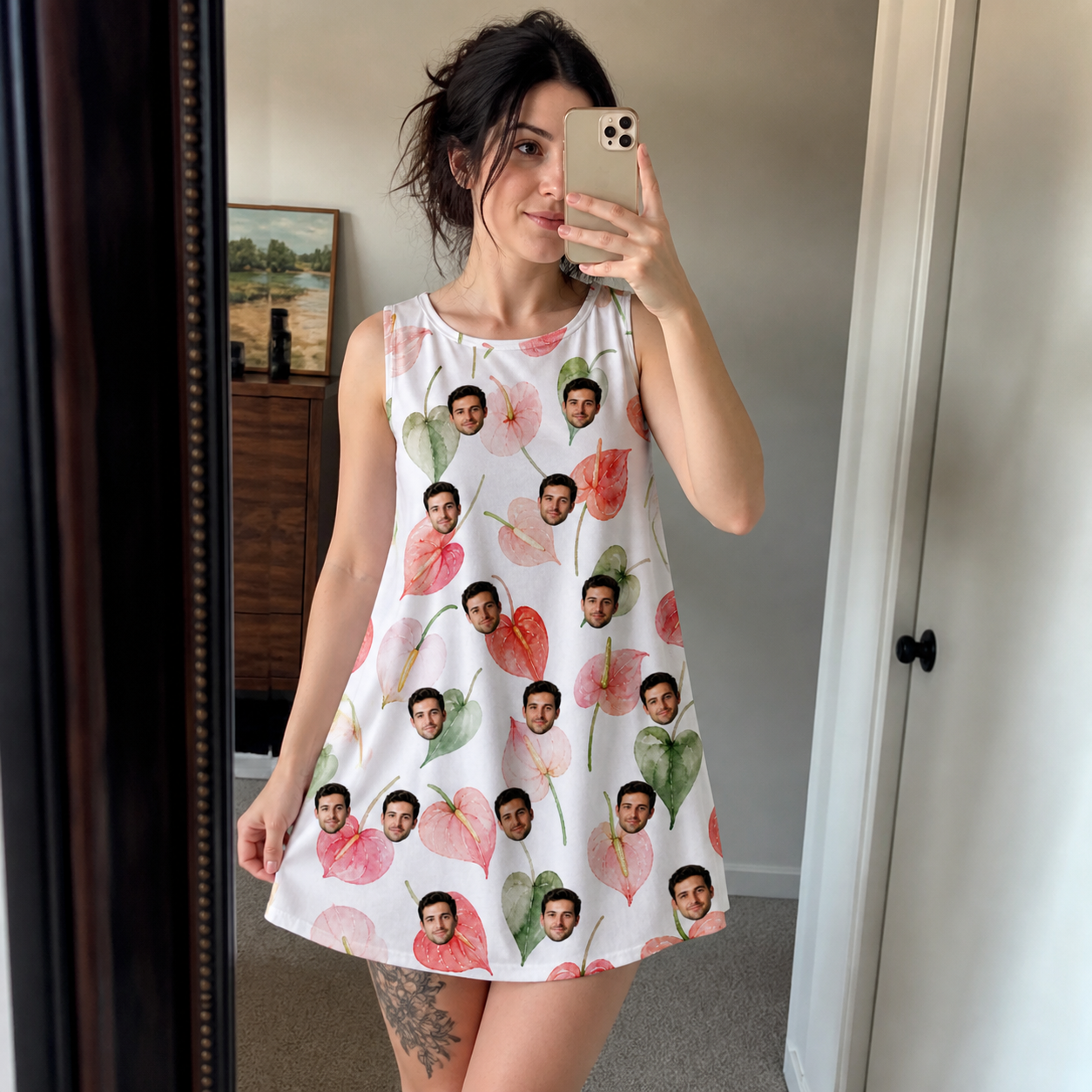 Real-life photo of someone wearing Women's Anthurium Antics Custom Face Tank Dress — custom faces printed all-over
