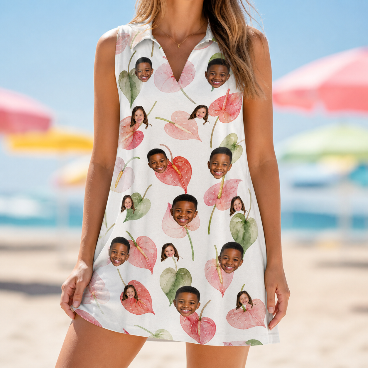 Model wearing Women's Anthurium Antics Custom Face V-Neck Dress printed with kids' faces