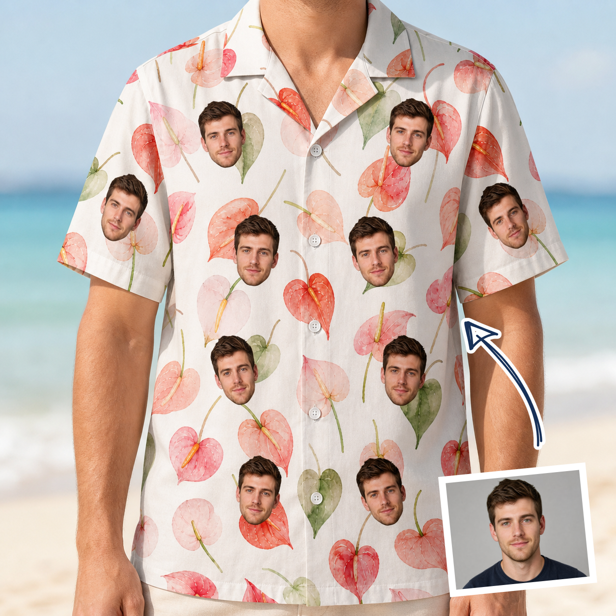 Man wearing Men's Anthurium Antics Custom Face Hawaiian Shirt — custom faces printed all-over