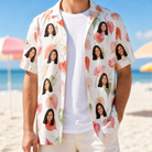Man wearing Men's Anthurium Antics Custom Face Hawaiian Shirt open over a white tee