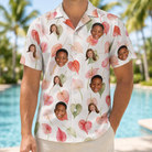Model wearing Men's Anthurium Antics Custom Face Hawaiian Shirt printed with kids' faces