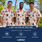 Friends in matching Men's Anthurium Antics Custom Face Hawaiian Shirt — a group gift photo