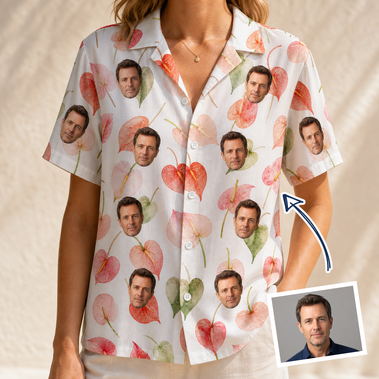 Woman wearing Women's Anthurium Antics Custom Face Hawaiian Shirt — custom faces printed all-over