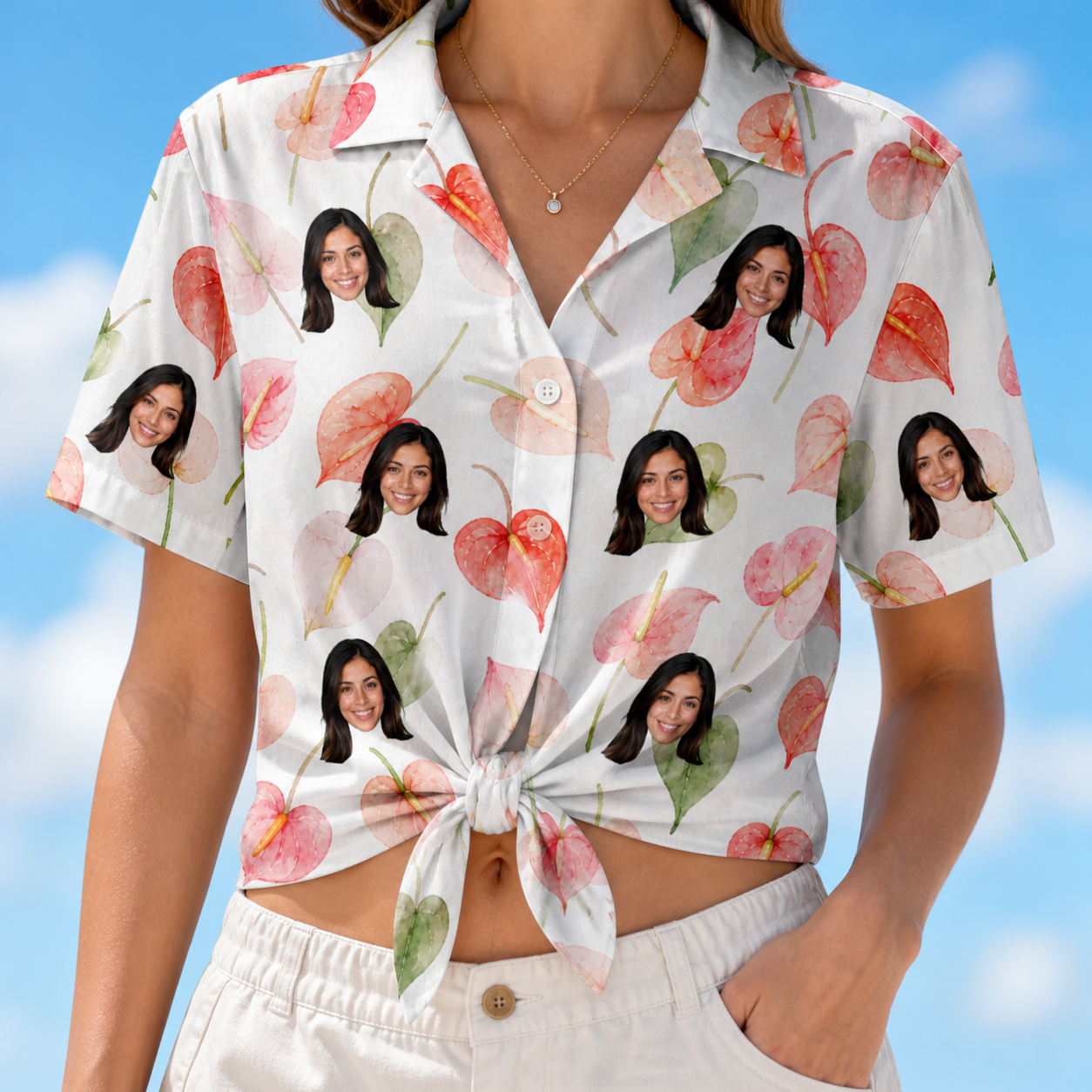 Woman wearing Women's Anthurium Antics Custom Face Hawaiian Shirt tied at the waist