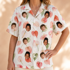 Model wearing Women's Anthurium Antics Custom Face Hawaiian Shirt printed with kids' faces