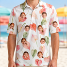 Model wearing Men's Anthurium Antics Custom Face Polo Shirt printed with kids' faces