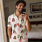 Real-life photo of someone wearing Men's Anthurium Antics Custom Face Polo Shirt — custom faces printed all-over