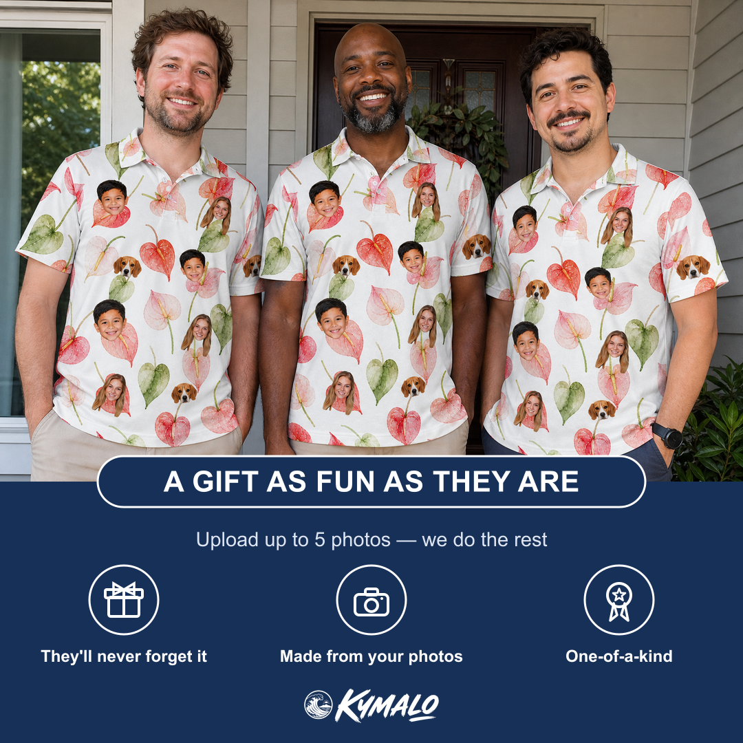 Friends in matching Men's Anthurium Antics Custom Face Polo Shirt — a group gift photo