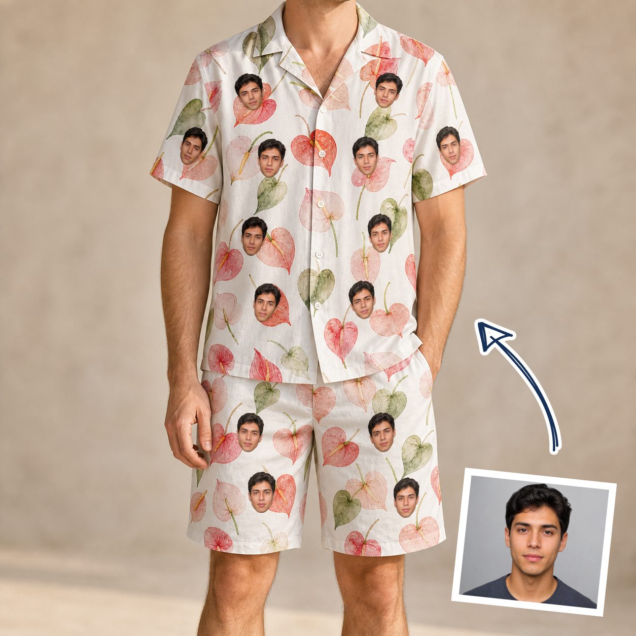 Man wearing Men's Anthurium Antics Custom Face Shirt & Shorts Set — custom faces printed all-over