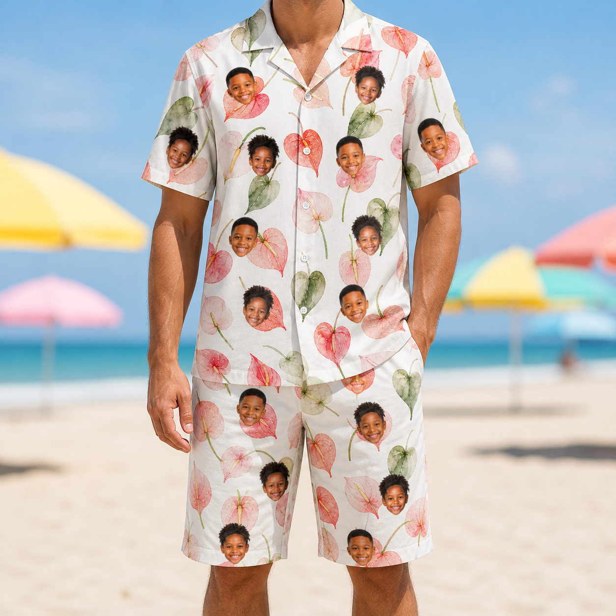 Model wearing Men's Anthurium Antics Custom Face Shirt & Shorts Set printed with kids' faces