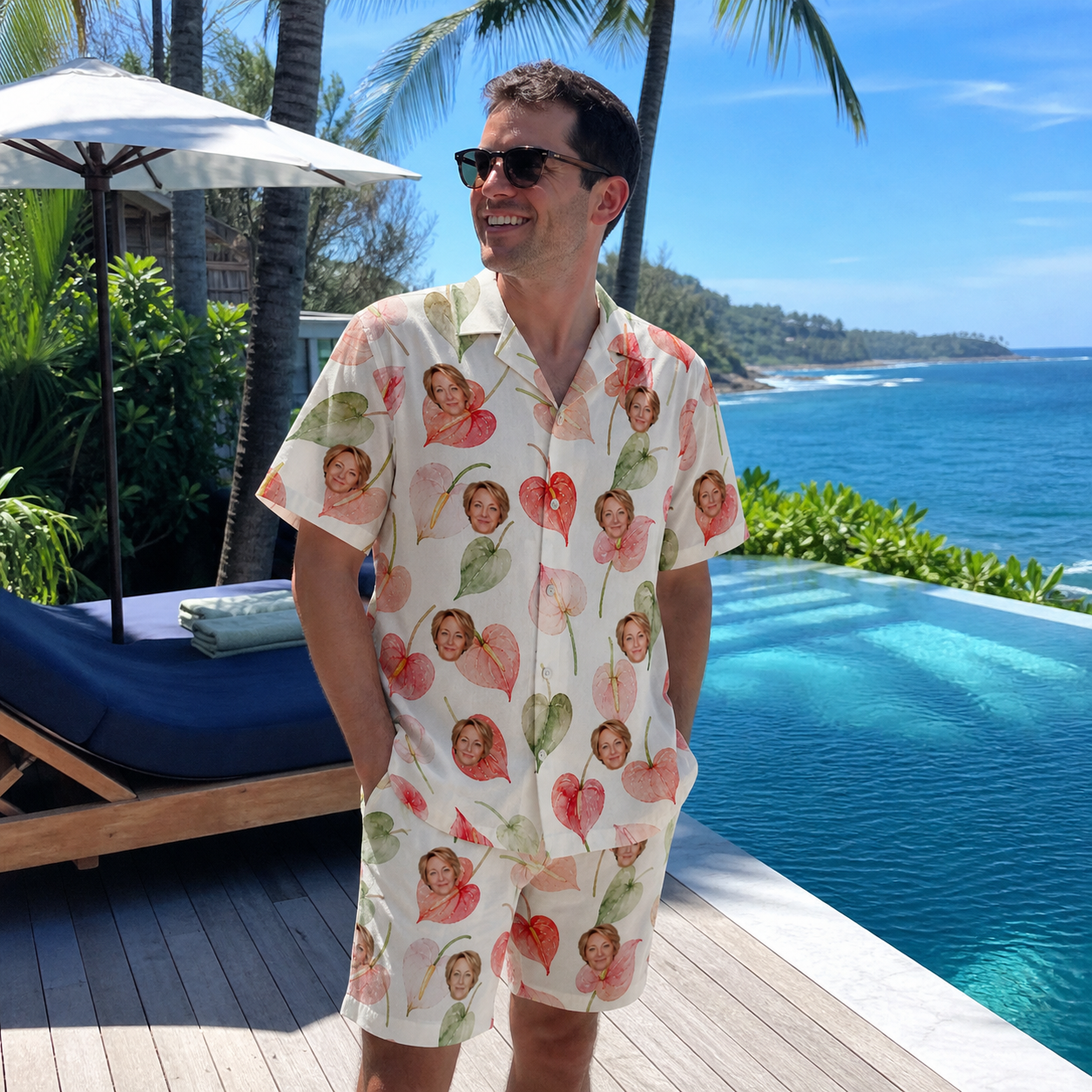 Real-life photo of someone wearing Men's Anthurium Antics Custom Face Shirt & Shorts Set — custom faces printed all-over