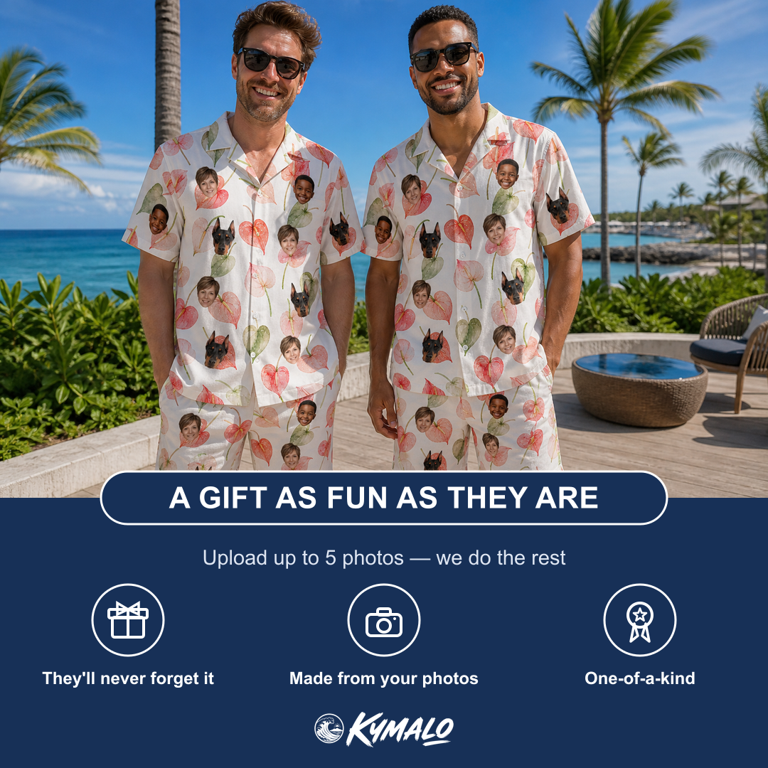 Friends in matching Men's Anthurium Antics Custom Face Shirt & Shorts Set — a group gift photo