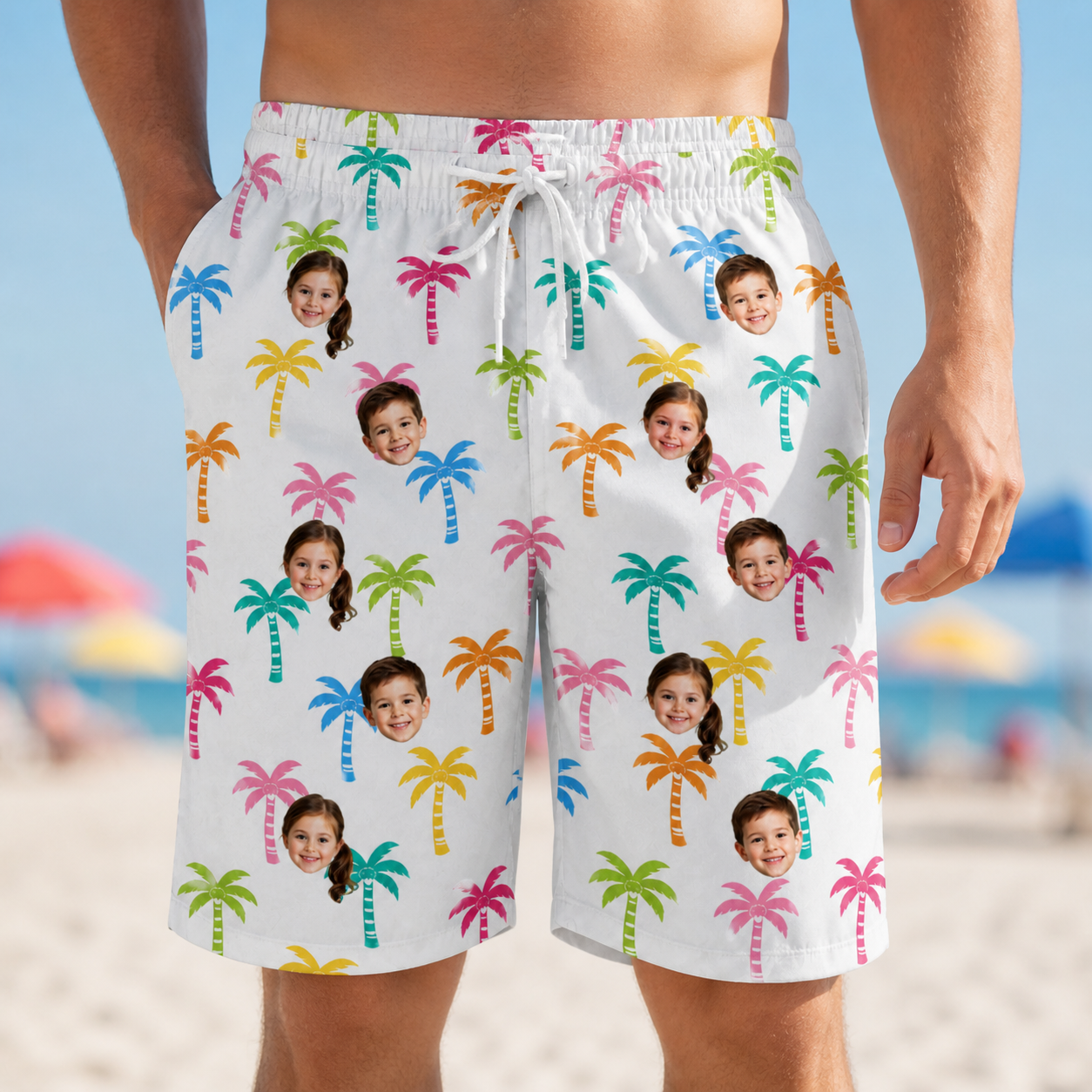 Model wearing Men's Jungle Jive Custom Face Beach Shorts printed with kids' faces