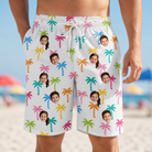 Model wearing Men's Jungle Jive Custom Face Beach Shorts printed with kids' faces
