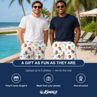 Friends in matching Men's Jungle Jive Custom Face Beach Shorts — a group gift photo