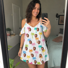 Real-life photo of someone wearing Women's Jungle Jive Custom Face Off-Shoulder Dress — custom faces printed all-over