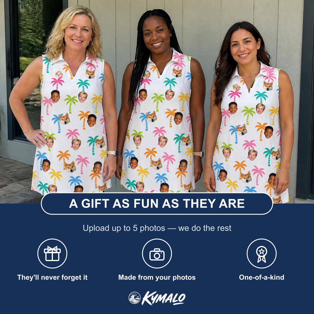 Friends in matching Women's Jungle Jive Custom Face V-Neck Dress — a group gift photo