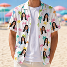 Man wearing Men's Jungle Jive Custom Face Hawaiian Shirt open over a white tee