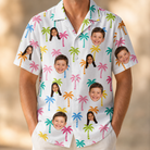 Model wearing Men's Jungle Jive Custom Face Hawaiian Shirt printed with kids' faces