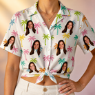 Woman wearing Women's Jungle Jive Custom Face Hawaiian Shirt tied at the waist