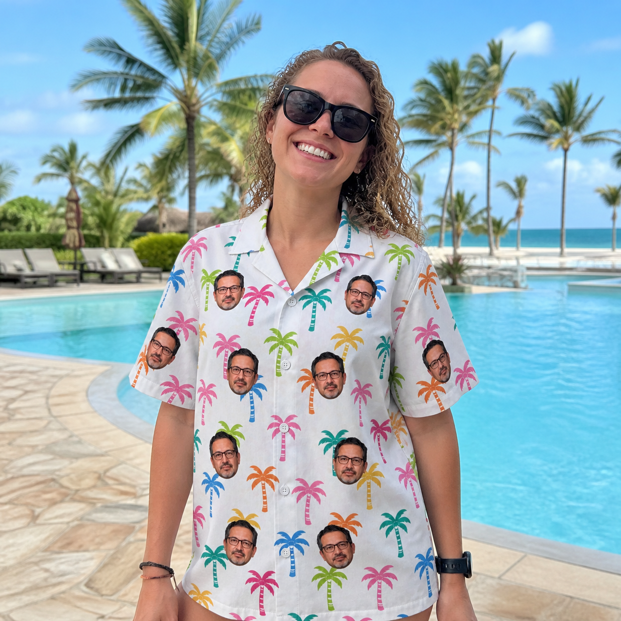 Real-life photo of someone wearing Women's Jungle Jive Custom Face Hawaiian Shirt — custom faces printed all-over