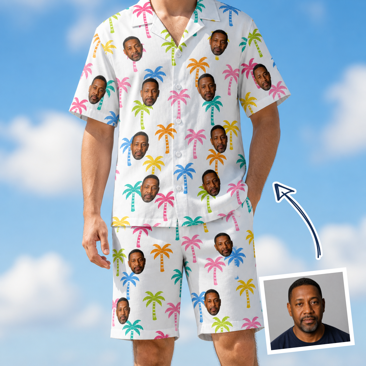 Man wearing Men's Jungle Jive Custom Face Shirt & Shorts Set — custom faces printed all-over