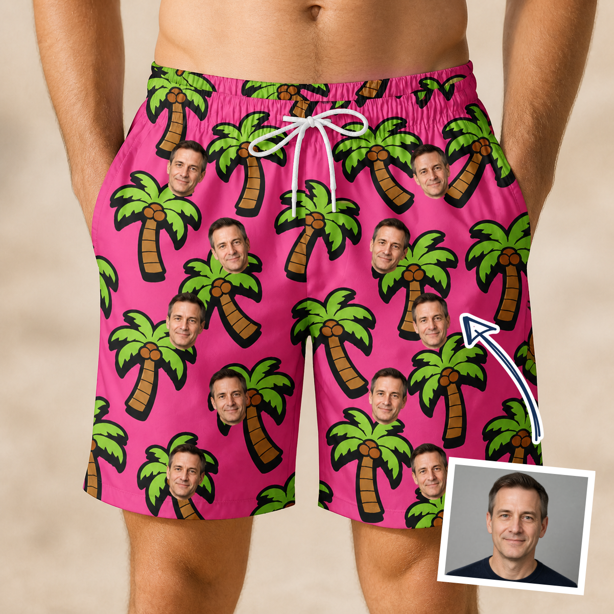 Man wearing Men's Sunset Plumeria Custom Face Beach Shorts — custom faces printed all-over