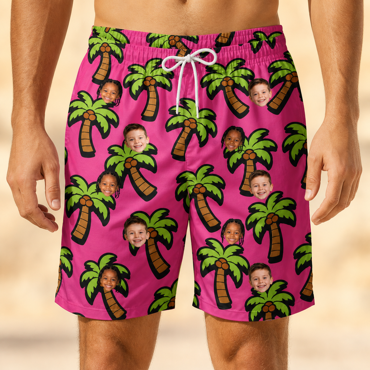 Model wearing Men's Sunset Plumeria Custom Face Beach Shorts printed with kids' faces