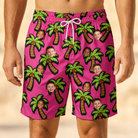 Model wearing Men's Sunset Plumeria Custom Face Beach Shorts printed with kids' faces