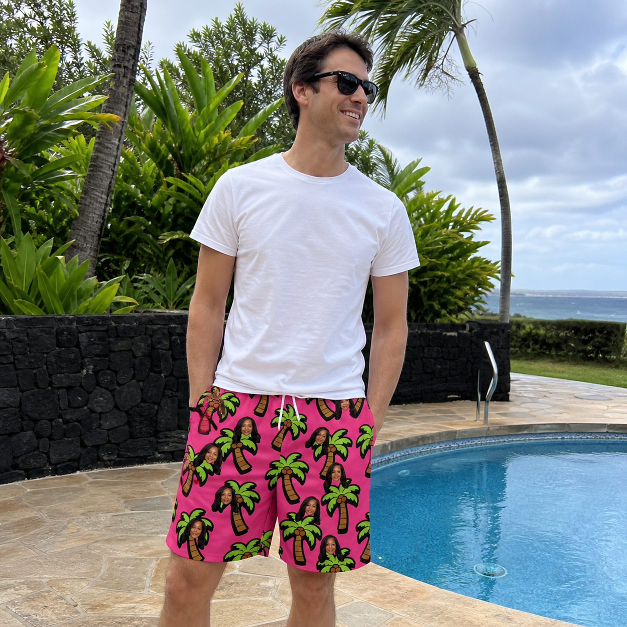 Real-life photo of someone wearing Men's Sunset Plumeria Custom Face Beach Shorts — custom faces printed all-over