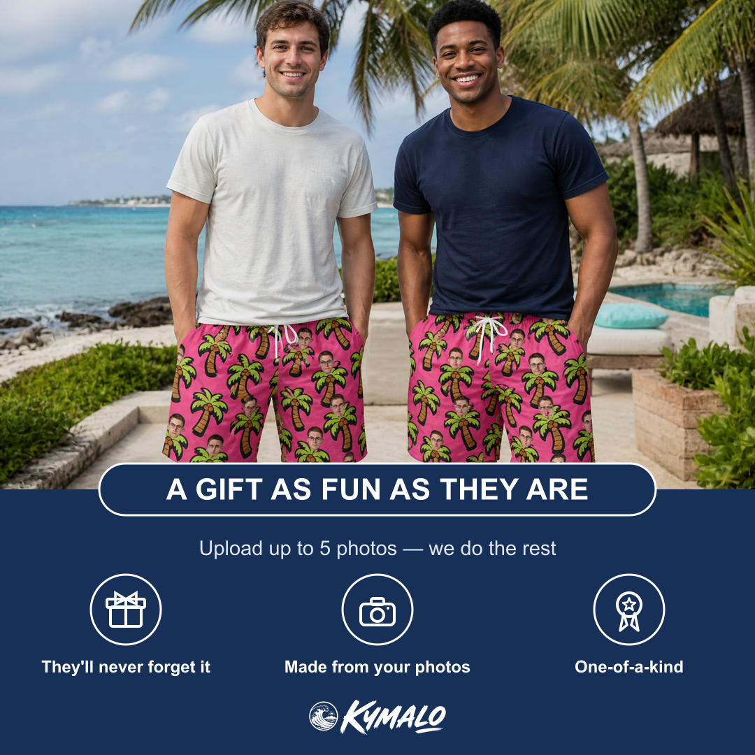 Friends in matching Men's Sunset Plumeria Custom Face Beach Shorts — a group gift photo