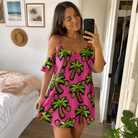 Real-life photo of someone wearing Women's Sunset Plumeria Custom Face Off-Shoulder Dress — custom faces printed all-over