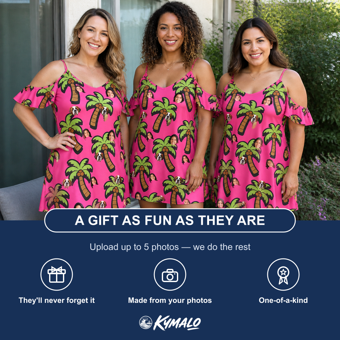 Friends in matching Women's Sunset Plumeria Custom Face Off-Shoulder Dress — a group gift photo
