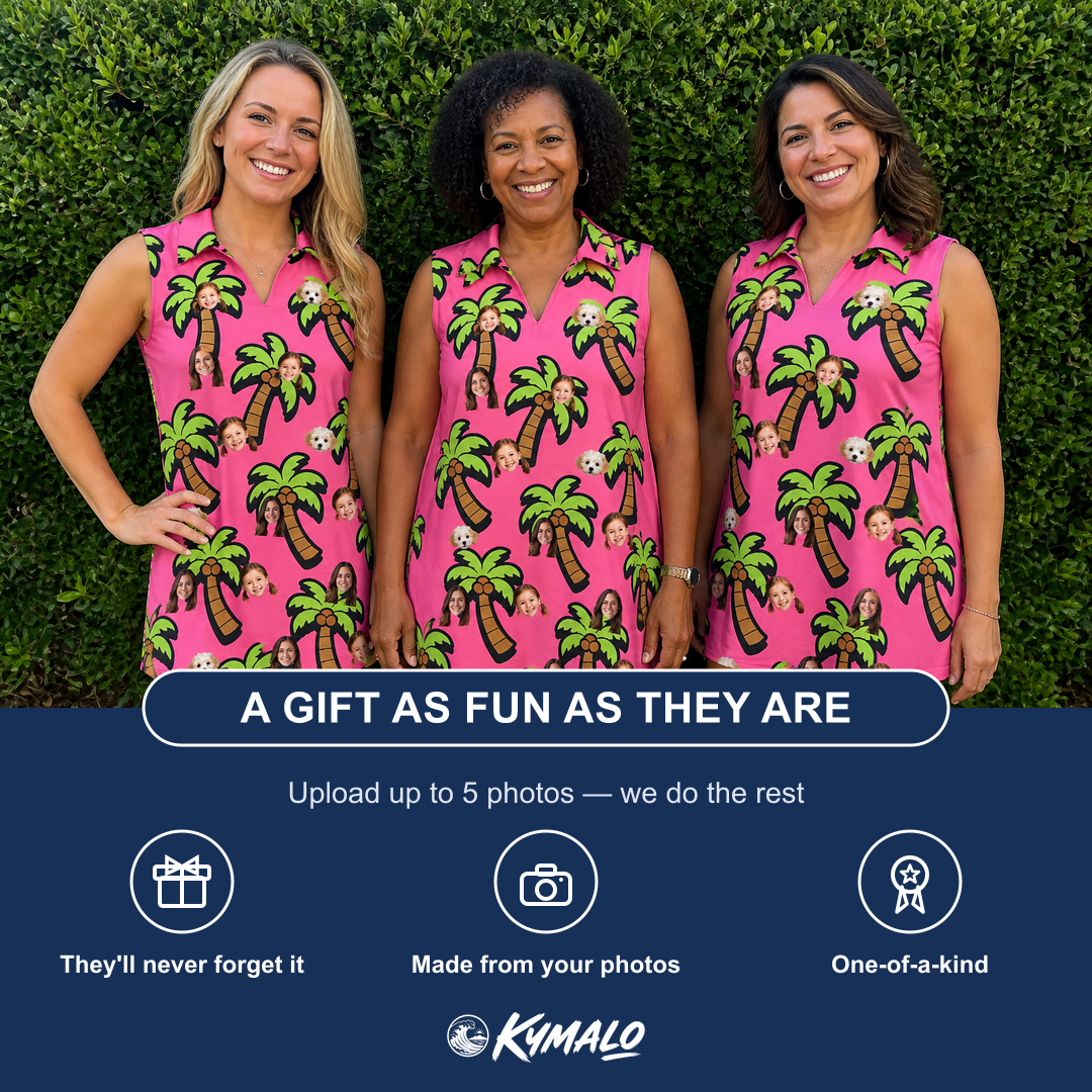 Friends in matching Women's Sunset Plumeria Custom Face V-Neck Dress — a group gift photo