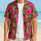 Man wearing Men's Sunset Plumeria Custom Face Hawaiian Shirt open over a white tee