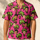 Model wearing Men's Sunset Plumeria Custom Face Hawaiian Shirt printed with kids' faces