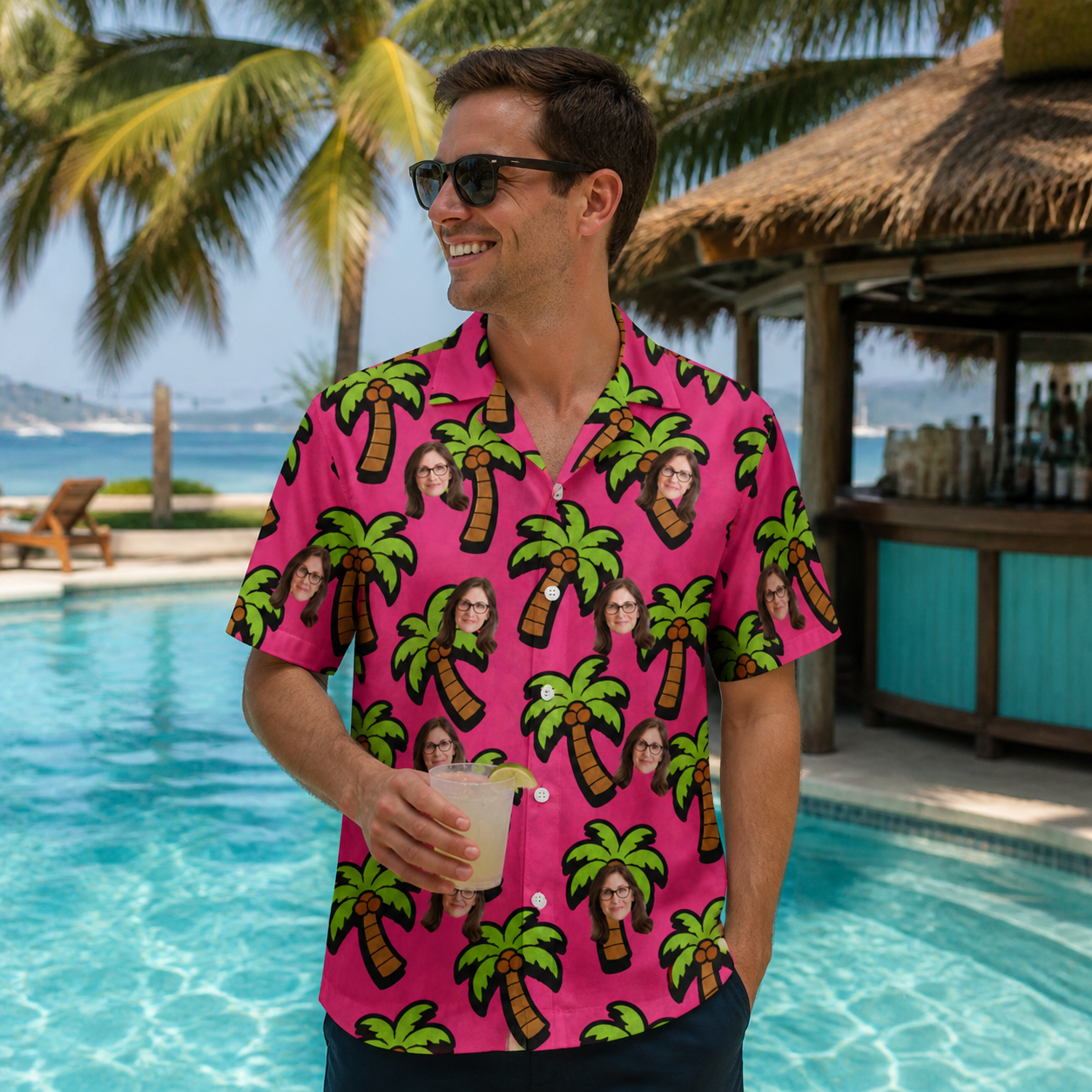 Real-life photo of someone wearing Men's Sunset Plumeria Custom Face Hawaiian Shirt — custom faces printed all-over