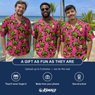 Friends in matching Men's Sunset Plumeria Custom Face Hawaiian Shirt — a group gift photo