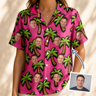 Woman wearing Women's Sunset Plumeria Custom Face Hawaiian Shirt — custom faces printed all-over