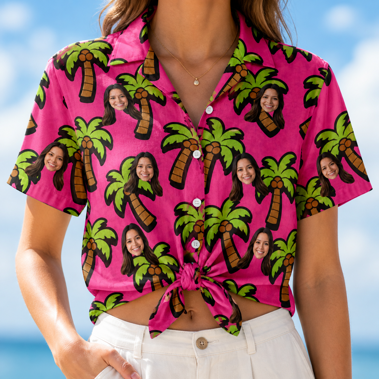 Woman wearing Women's Sunset Plumeria Custom Face Hawaiian Shirt tied at the waist