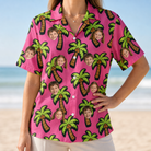 Model wearing Women's Sunset Plumeria Custom Face Hawaiian Shirt printed with kids' faces