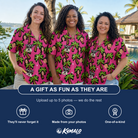Friends in matching Women's Sunset Plumeria Custom Face Hawaiian Shirt — a group gift photo