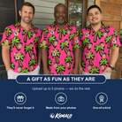Friends in matching Men's Sunset Plumeria Custom Face Polo Shirt — a group gift photo