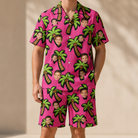 Model wearing Men's Sunset Plumeria Custom Face Shirt & Shorts Set printed with kids' faces