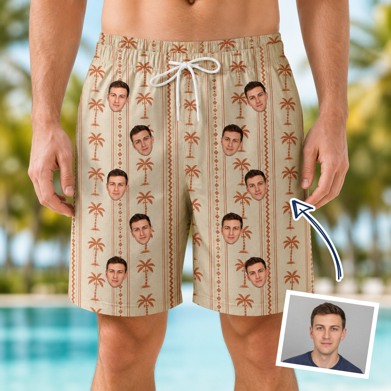 Man wearing Men's Orchid Oasis Custom Face Beach Shorts — custom faces printed all-over