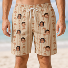 Model wearing Men's Orchid Oasis Custom Face Beach Shorts printed with kids' faces