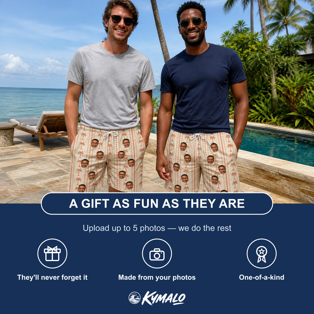 Friends in matching Men's Orchid Oasis Custom Face Beach Shorts — a group gift photo