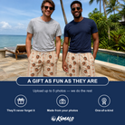 Friends in matching Men's Orchid Oasis Custom Face Beach Shorts — a group gift photo